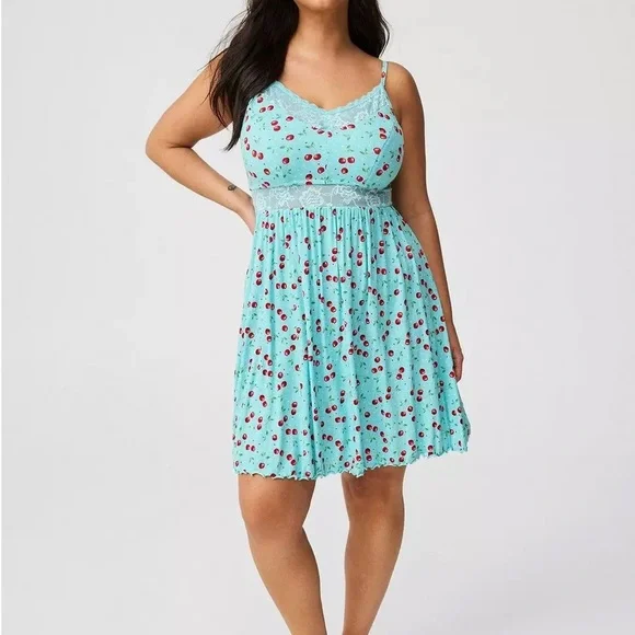 Torrid Super Soft Rib Lace Trim Sleep Chemise Very Cherry Aqua Sky - Picture 2 of 8